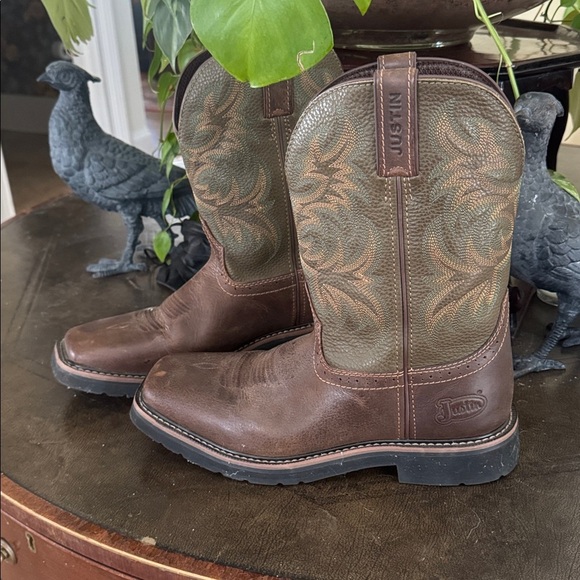 Justin steel toe ,oil and slip resistant brown green orange yellow leather boots main image 9